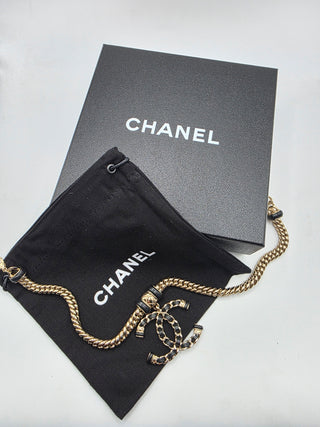 Chanel Gold Metal Black Leather Interlocking CC Logo Chain Link Choker Necklace