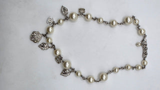 Chanel Faux Pearl Strass Interlocking CC Silver-tone Charm Necklace