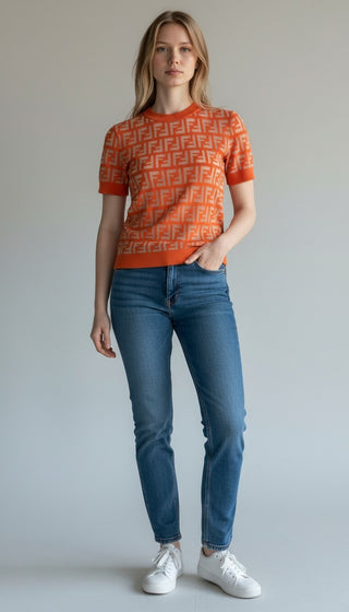 Fendi FF Logo Zucca Knit Short-Sleeve Top — Orange XS sz