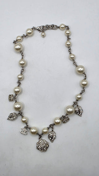 Chanel Faux Pearl Strass Interlocking CC Silver-tone Charm Necklace