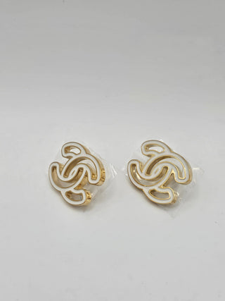 Chanel 2024 Gold-tone white Enamel Interlocking CC logo stud earrings