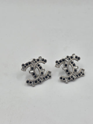 Chanel Silver-tone Strass Interlocking CC Stud Earrings