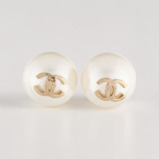 Chanel Gold-tone White Faux Pearl Interlocking CC Stud Earrings
