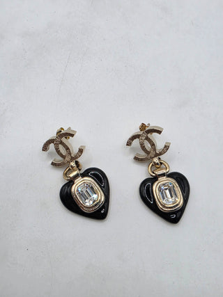 Chanel Strass Enamel Interlocking CC Heart Drop Earrings