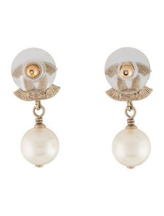 Chanel Faux Pearl & Strass CC Logo Drop Earrings