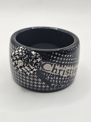 Christian Dior Black Logo Crystal Resin Houndstooth Wide Bangle