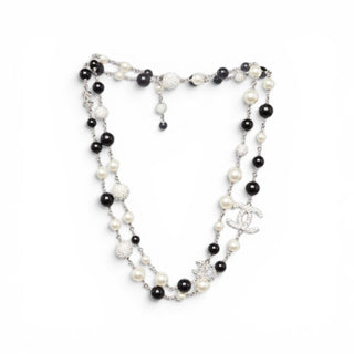 Chanel Black White Glass Bead and Crystal Interlocking CC Long Necklace