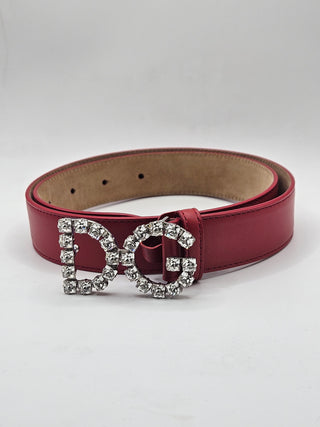 Dolce & Gabbana Red Leather Skinny Crystal D&G Logo Belt M sz