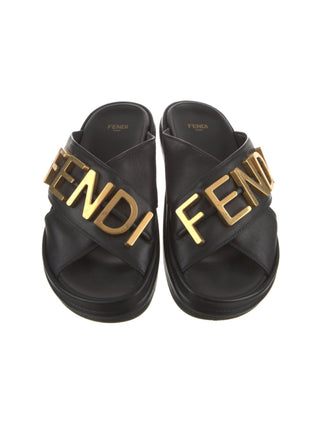 Fendi Black leather Gold-tone logos slides 38.5 sz