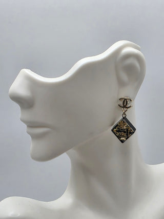 Chanel Gold-tone Black Glitter Resin Interlocking CC Drop Earrings