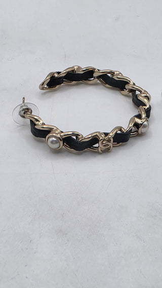 Chanel 2019 Faux Pearl Leather Interlocking CC Hoop Earrings