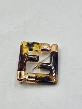 Fendi Gold-tone Resin Tortoiseshells FF Zucca Logo Pin Brooch
