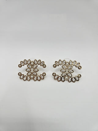 Chanel Gold-tone Faux Pearl Strass Interlocking CC Stud Earrings