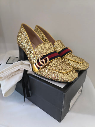 Gucci Gold Glitter Leather Peyton Marmont Mid-Heel Loafers 38.5 sz