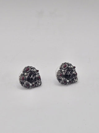 Chanel Faux Pearl & Enamel Heart Stud Earrings