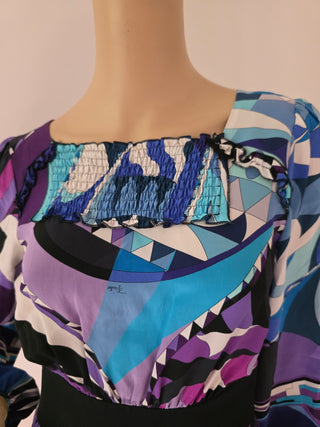 Emilio Pucci Blue purple multicolor signature print long-sleeved dress 6 sz