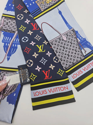 Louis Vuitton blue multicolor LV Monogram Skyline Story Silk Bandeau