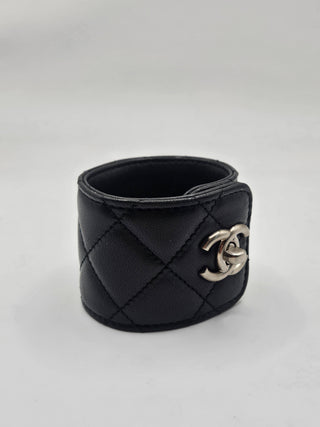 Chanel Black Leather Quilted CC Turnlock Wide Bracelet