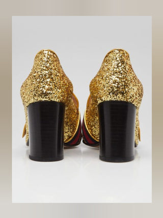 Gucci Gold Glitter Leather Peyton Marmont Mid-Heel Loafers 38.5 sz