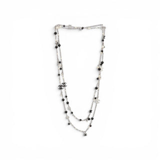 Chanel Silver-tone Black White Bead Glass Pearl Interlocking CC Long Necklace