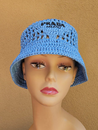 Prada Blue Crochet Logo Printed Bucket Hat S sz