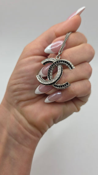 Chanel Silver-tone Strass Interlocking CC Pendant Necklace