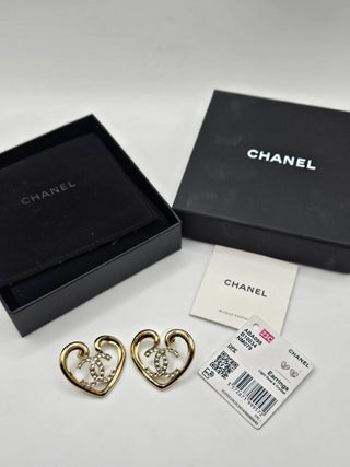 Chanel Gold-tone 2023 Strass Interlocking CC Heart Earrings