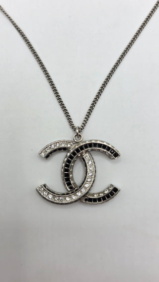 Chanel Silver-tone Strass Interlocking CC Pendant Necklace