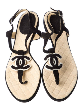 Chanel Interlocking CC Logo Suede T-Strap Sandals 37 sz