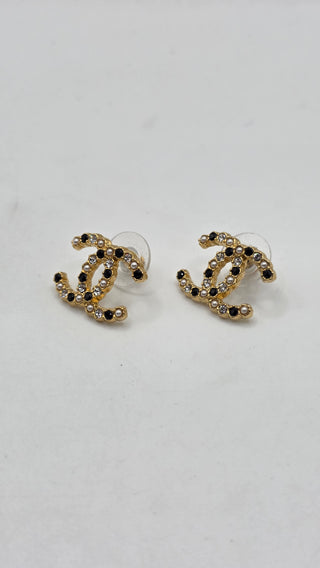 Chanel 2020 Faux Pearl Strass Interlocking CC Stud Earrings