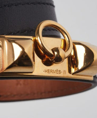 Hermes Black Swift Leather Gold Plated Rivale Double Tour Bracelet XS sz