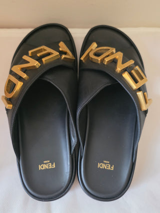Fendi Black leather Gold-tone logos slides 38.5 sz