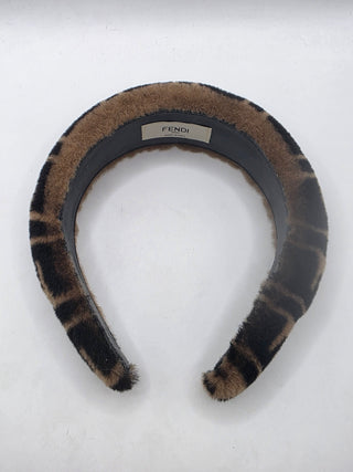 Fendi Brown FF Pattern Print Shearling Headband