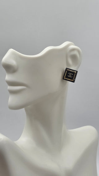 Chanel Gold-tone Black Resin Interlocking CC Stud Earrings