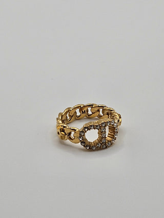 Christian Dior Gold-tone Crystal CD Logo Charm Ring 6 sz