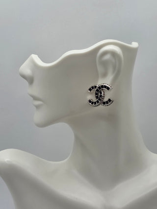 Chanel Silver-tone Interlocking CC Strass Stud Earrings
