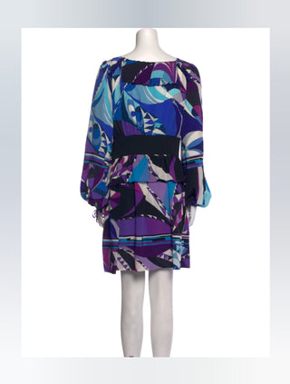 Emilio Pucci Blue purple multicolor signature print long-sleeved dress 6 sz