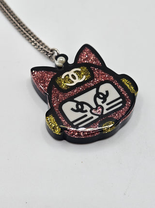 Chanel Gold-tone Black glitter Resin CC Cat Pendant Necklace