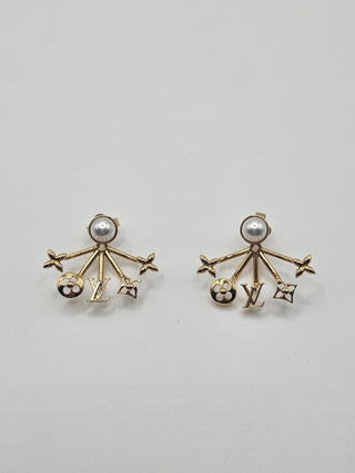 Louis Vuitton Gold-tone Faux Pearl LV Logo Cruiser Earrings