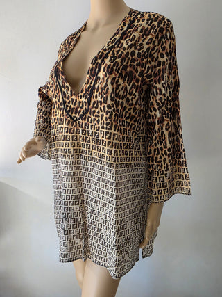 Fendi Brown Multicolor FF Logo Animal Print V-Neck blouse 40 sz