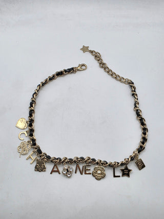 Chanel Gold-tone Faux Pearl, Strass Leather Interlocking Logo Collar Necklace