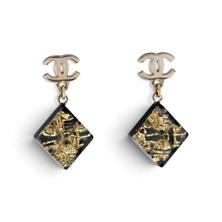 Chanel Gold-tone Black Glitter Resin Interlocking CC Drop Earrings