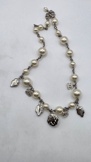 Chanel Faux Pearl Strass Interlocking CC Silver-tone Charm Necklace