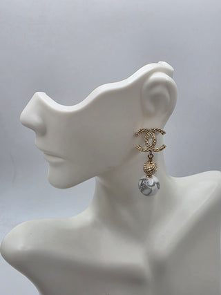 Chanel Gold-tone White Stone inside CC Drop Earrings