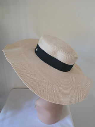 Chanel Beige Raffia Interlocking CC Logo Wide Brimmed Hat M sz