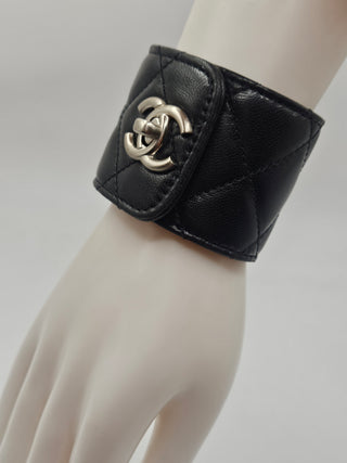 Chanel Black Leather Quilted CC Turnlock Wide Bracelet