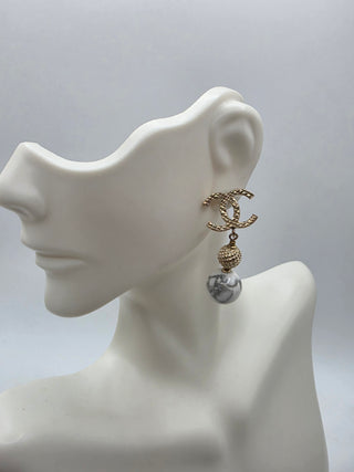 Chanel Gold-tone White Stone inside CC Drop Earrings