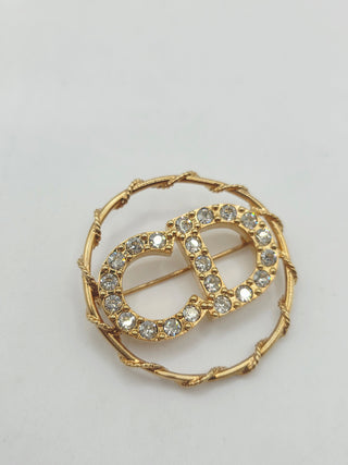 Christian Dior Gold-tone Crystal CD Logo Round Brooch