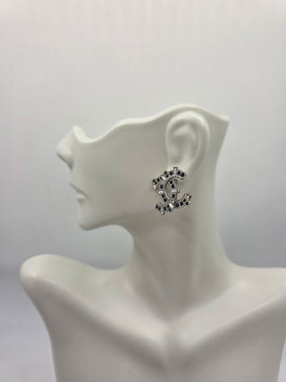 Chanel Silver-tone Strass Interlocking CC Stud Earrings