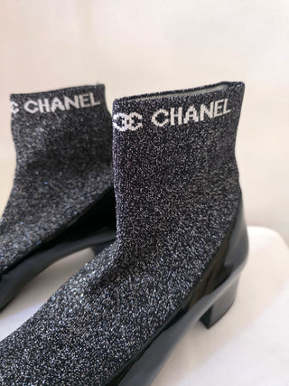 Chanel Black Logo Printed 2017 Patent Leather Sock Boots 40.5 EU